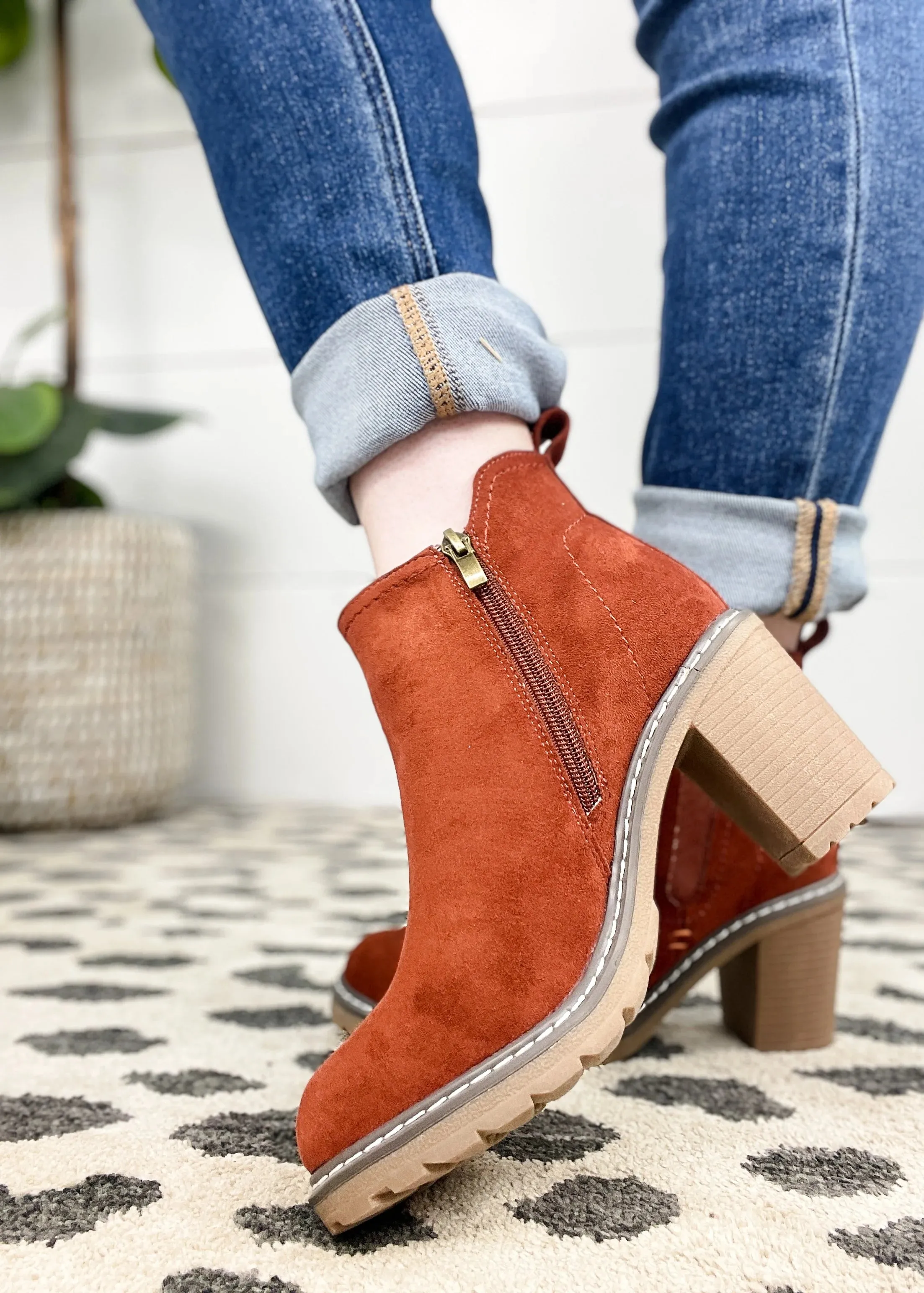 Bite Me Bootie - Rust Faux Suede