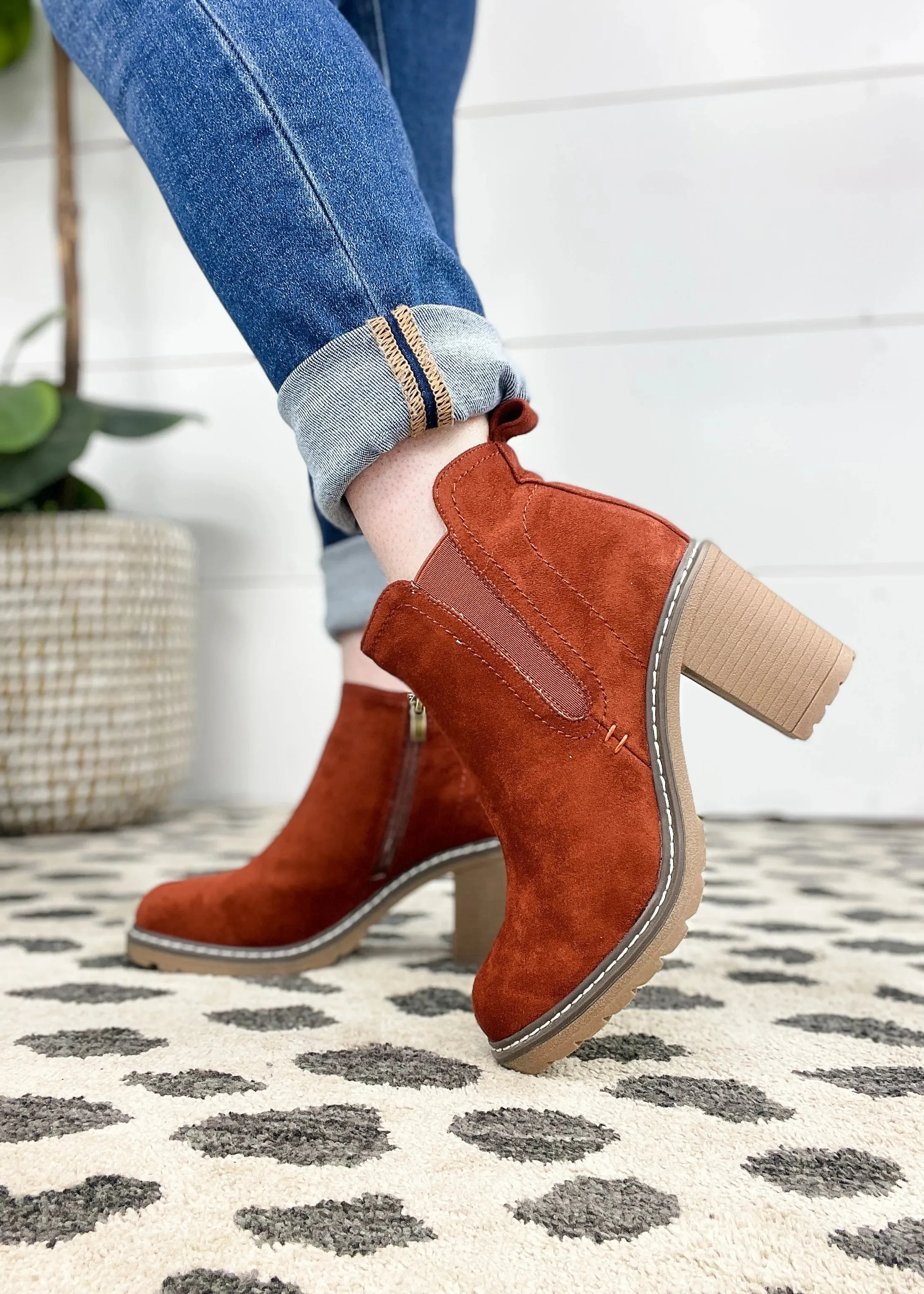 Bite Me Bootie - Rust Faux Suede