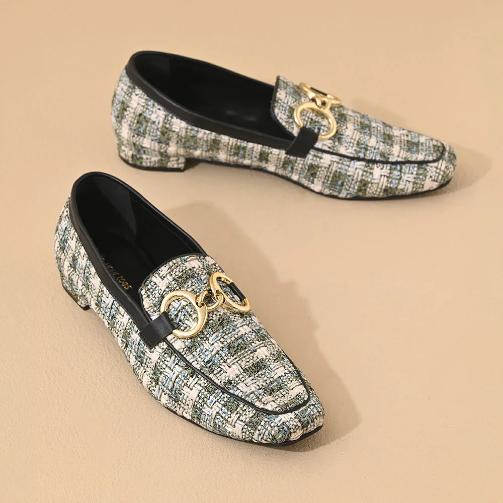 Green Tweed Square Toe Loafers Shoes