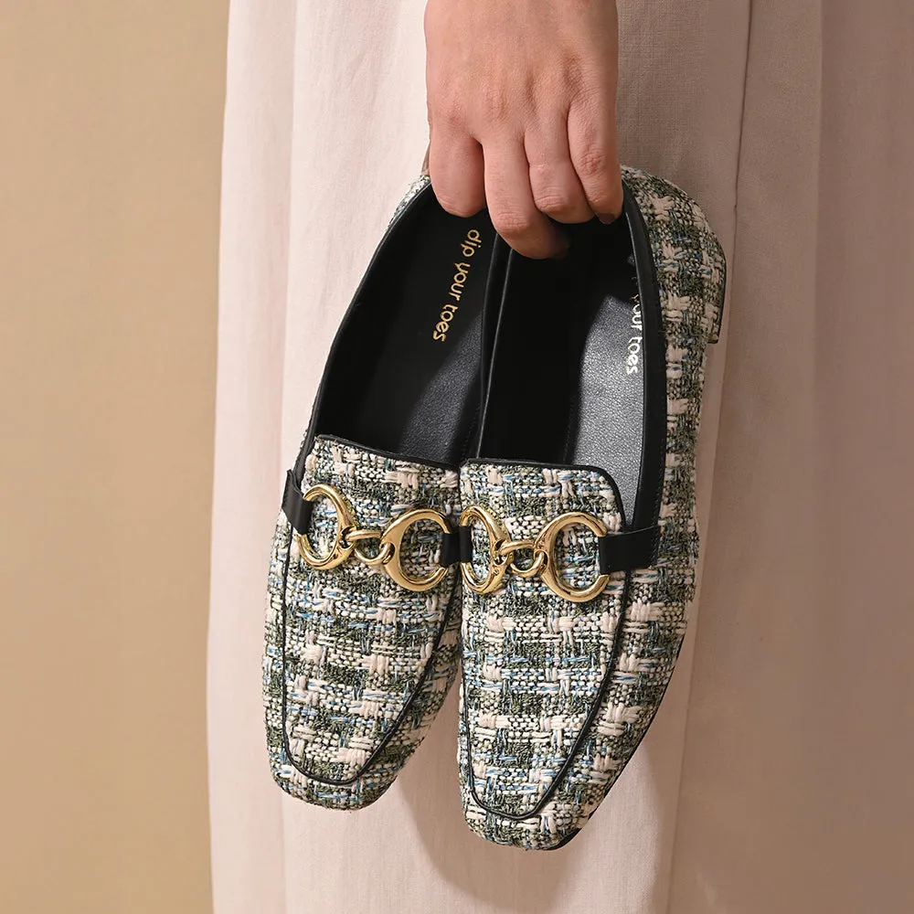 Green Tweed Square Toe Loafers Shoes
