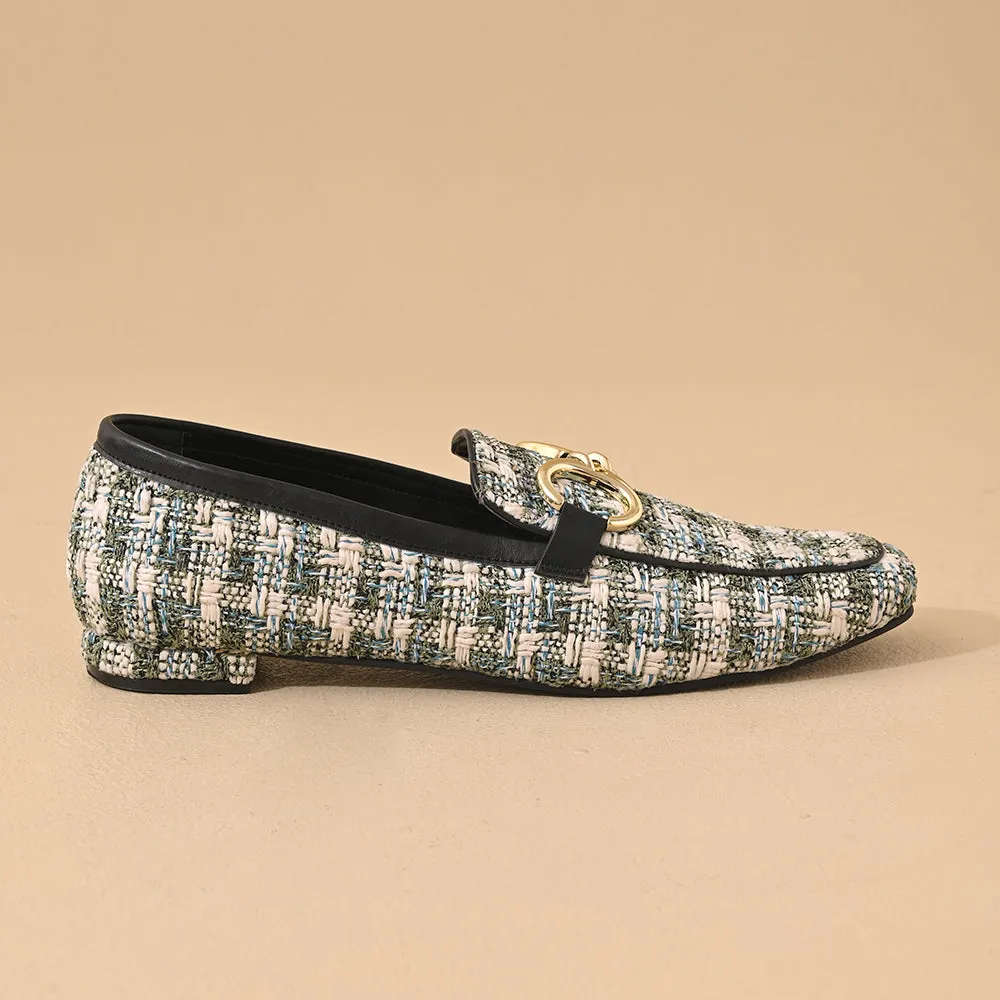 Green Tweed Square Toe Loafers Shoes
