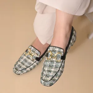 Green Tweed Square Toe Loafers Shoes