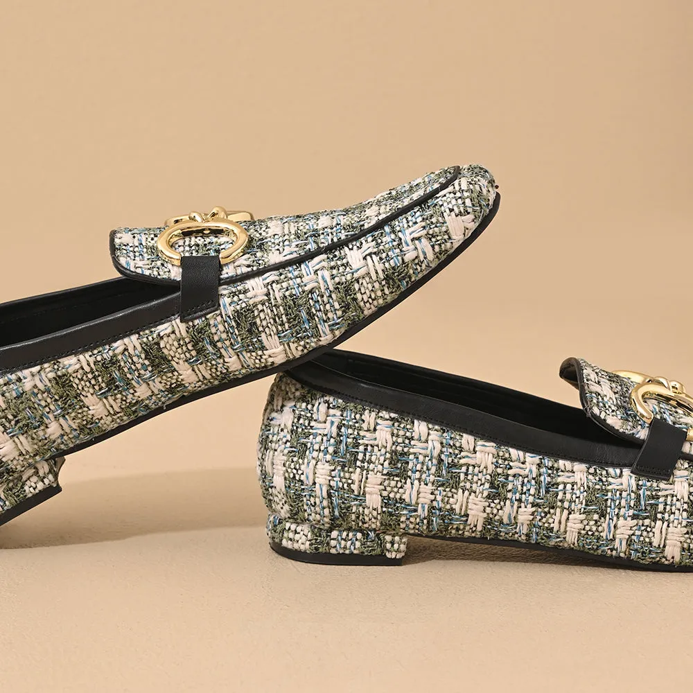 Green Tweed Square Toe Loafers Shoes