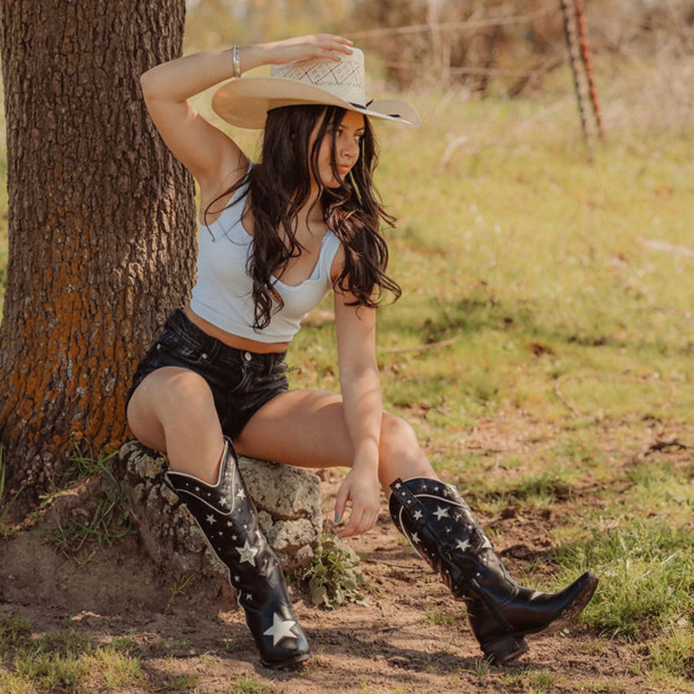 Hensley - Bold Black Cowgirl Boots with Star Embellishments