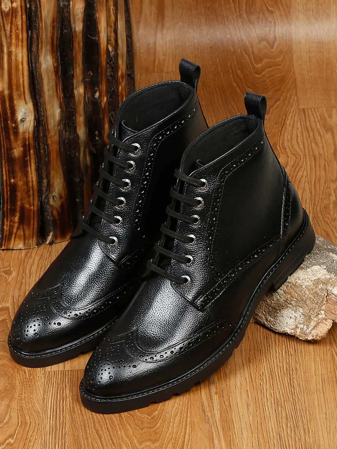 Jet Black Handcrafted Italian Leather High Ankle Chukka Brogue Boots