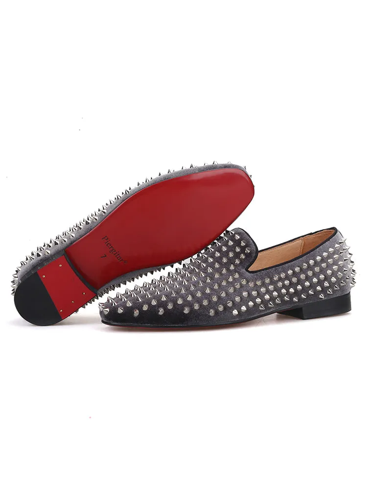 New imported velvet gray men's rivet shoes red bottom trendy low-top shoes European and American slip-on loafers for men