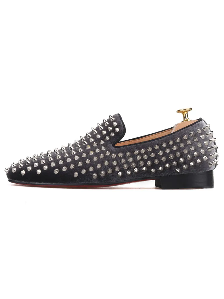 New imported velvet gray men's rivet shoes red bottom trendy low-top shoes European and American slip-on loafers for men