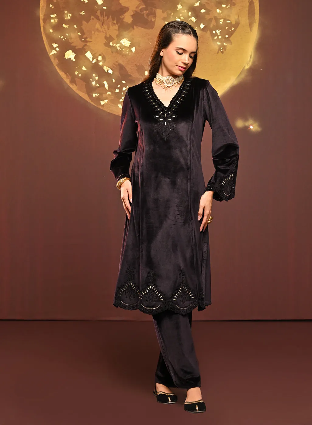 Sadia Deep Purple Embroidered Velvet Co-ord Set for Women