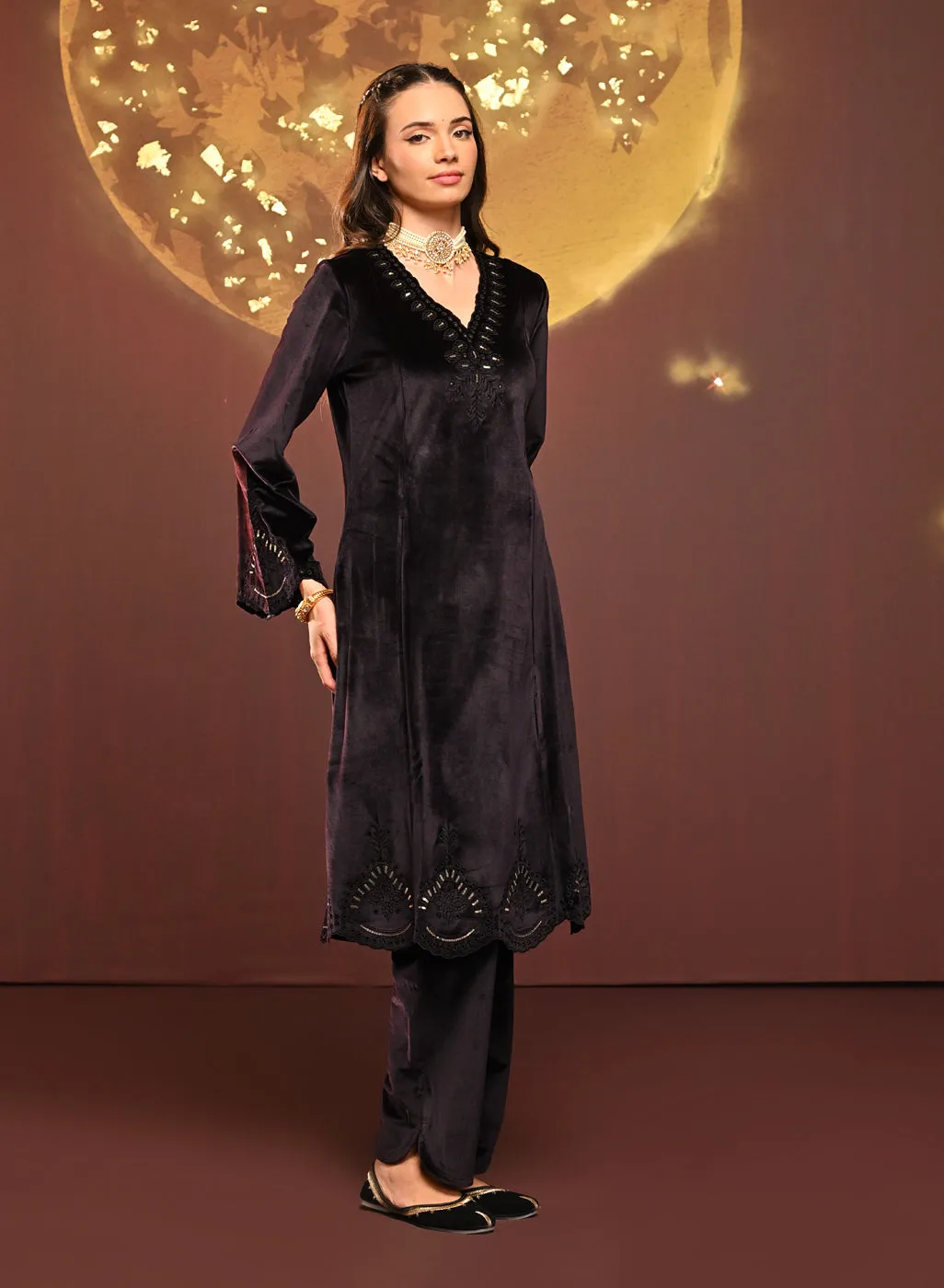 Sadia Deep Purple Embroidered Velvet Co-ord Set for Women
