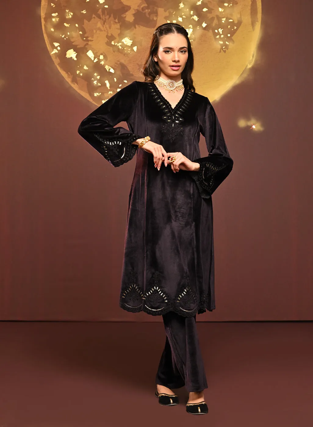 Sadia Deep Purple Embroidered Velvet Co-ord Set for Women