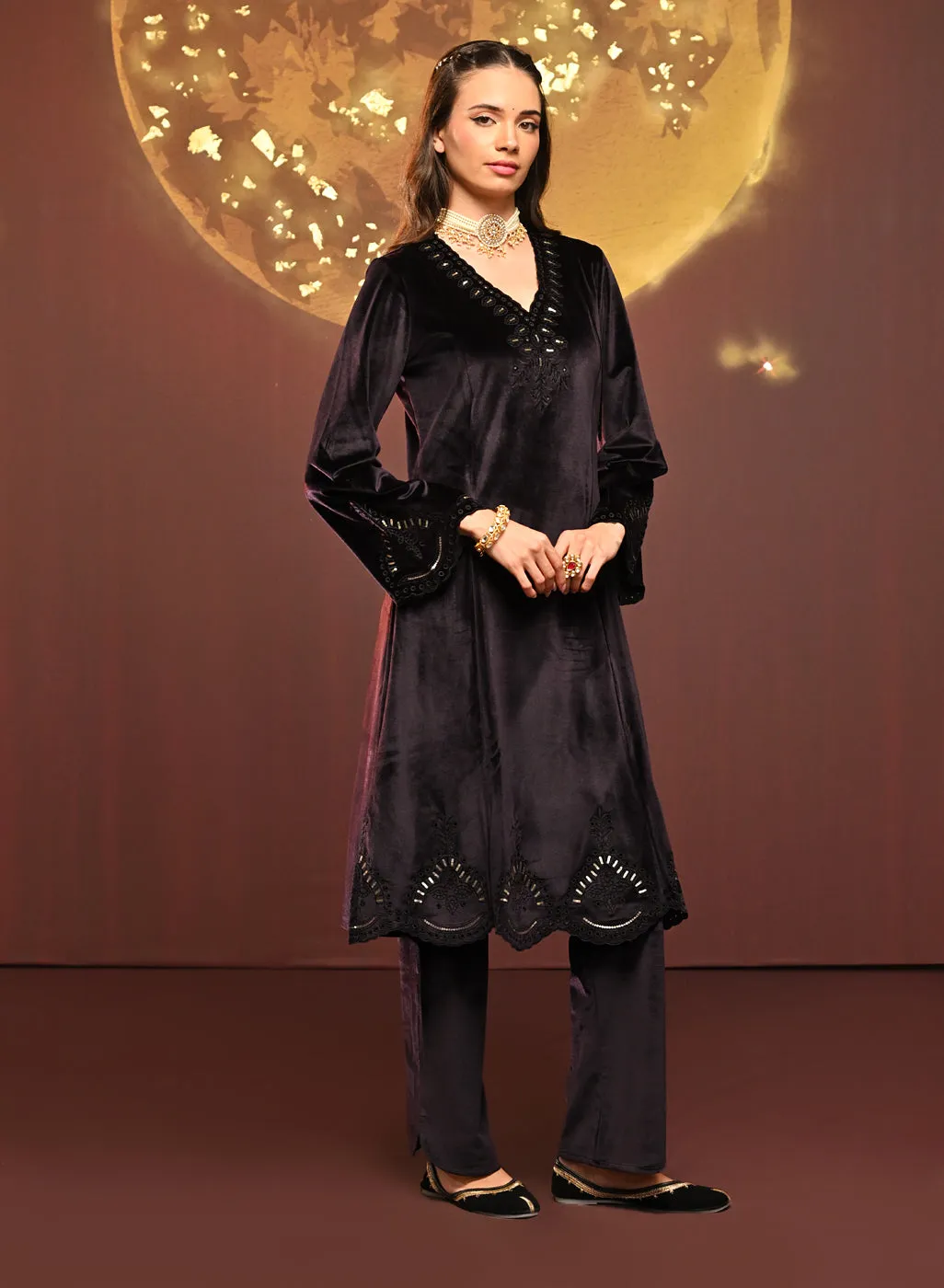Sadia Deep Purple Embroidered Velvet Co-ord Set for Women