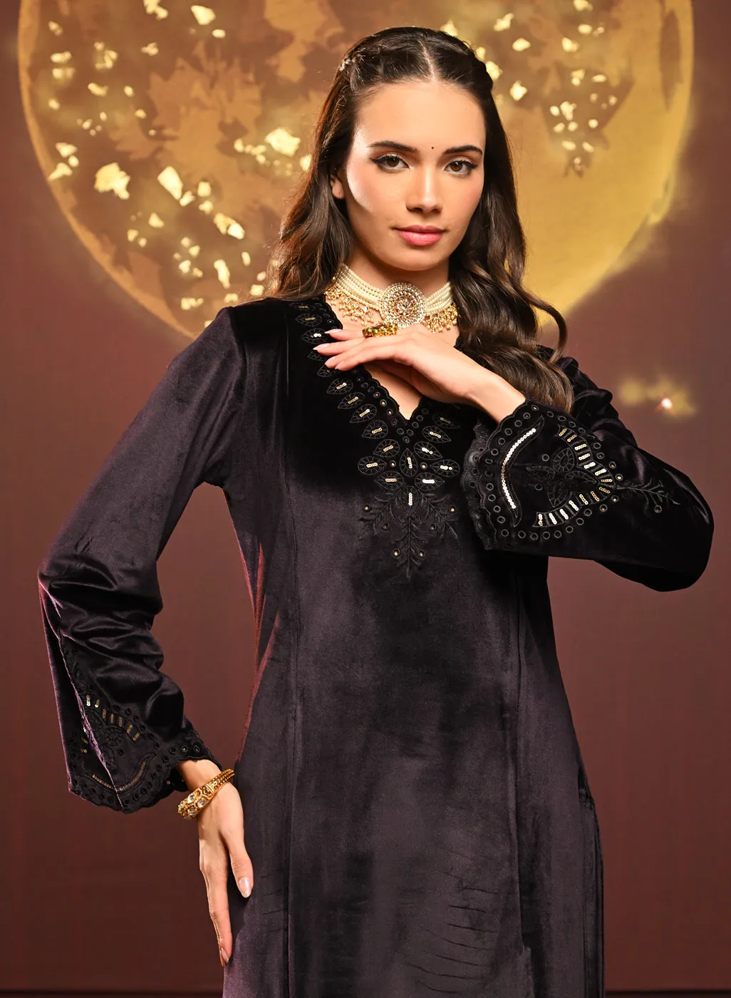 Sadia Deep Purple Embroidered Velvet Co-ord Set for Women