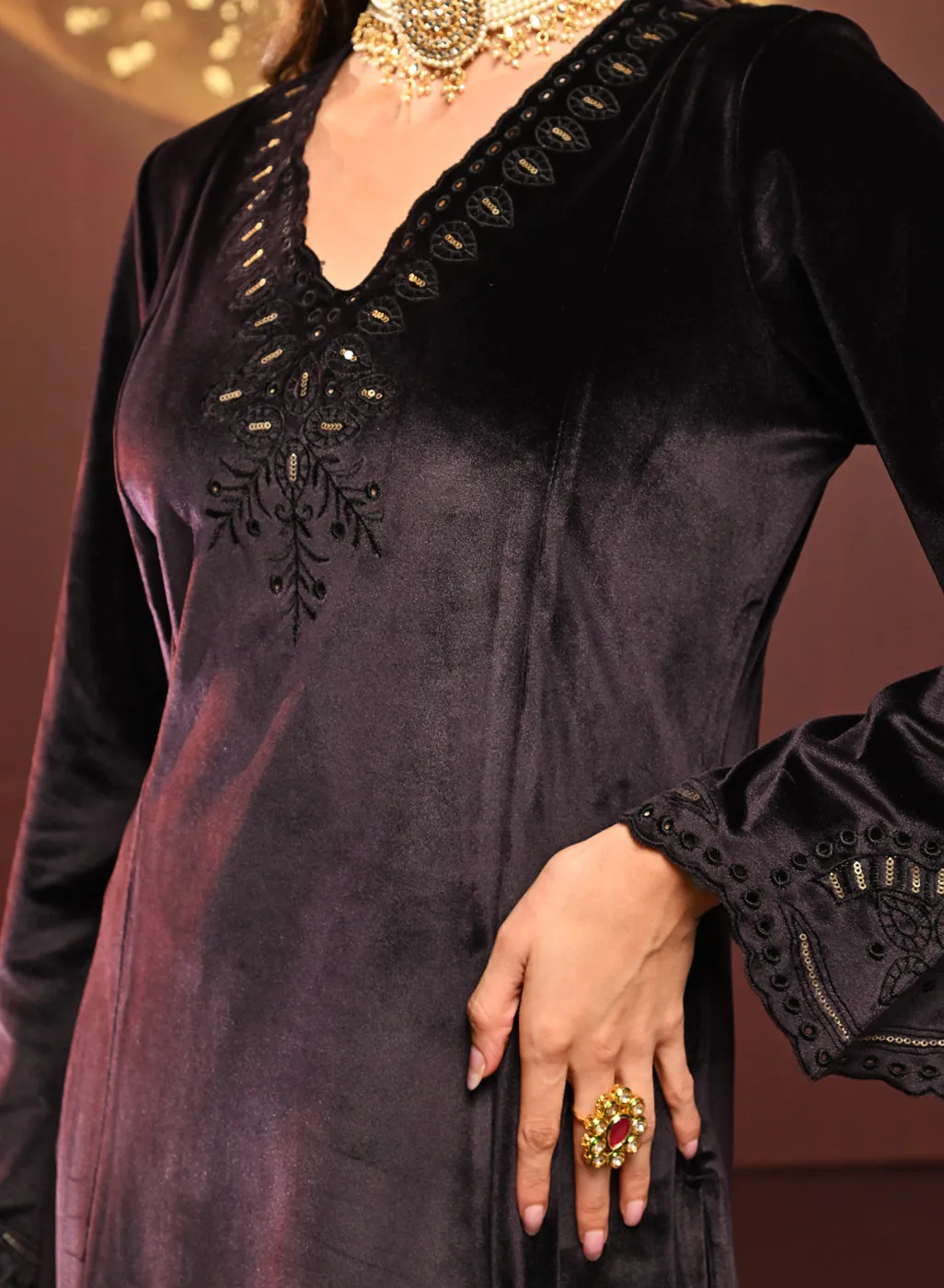 Sadia Deep Purple Embroidered Velvet Co-ord Set for Women