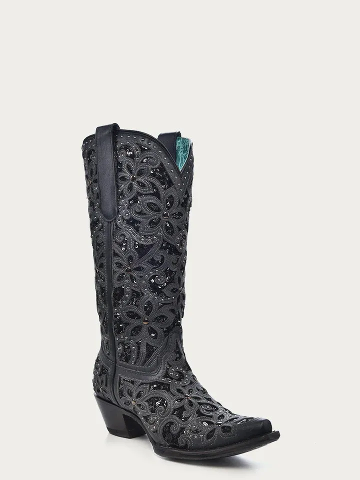Women's Black Glitter Inlay Floral overlay with Crystals and Studs Snip toe Black Boots