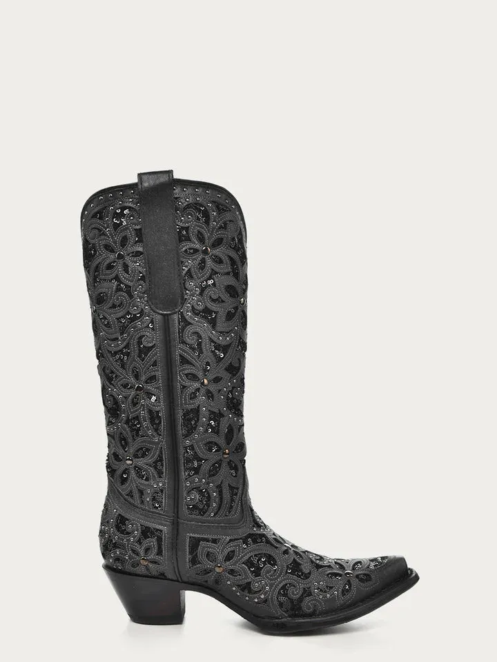 Women's Black Glitter Inlay Floral overlay with Crystals and Studs Snip toe Black Boots