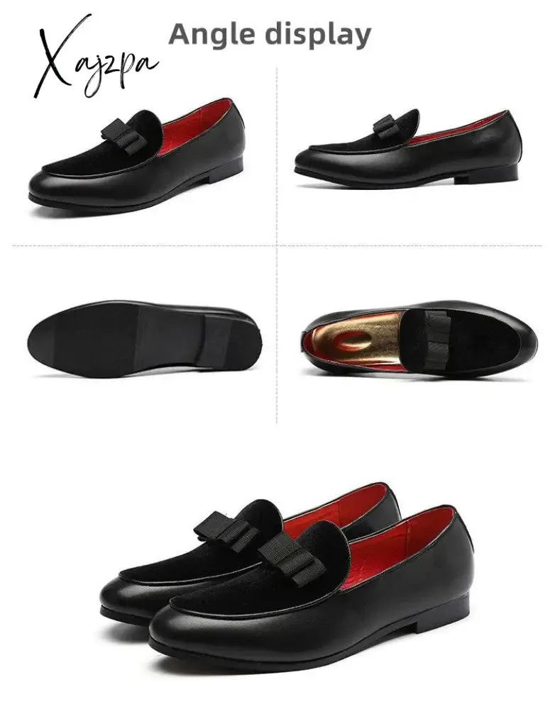 Xajzpa - New Loafers Men Shoes PU Colorblock Fashion Business Casual Wedding Party Daily Faux Suede Elegant Bow Classic Dress Shoes